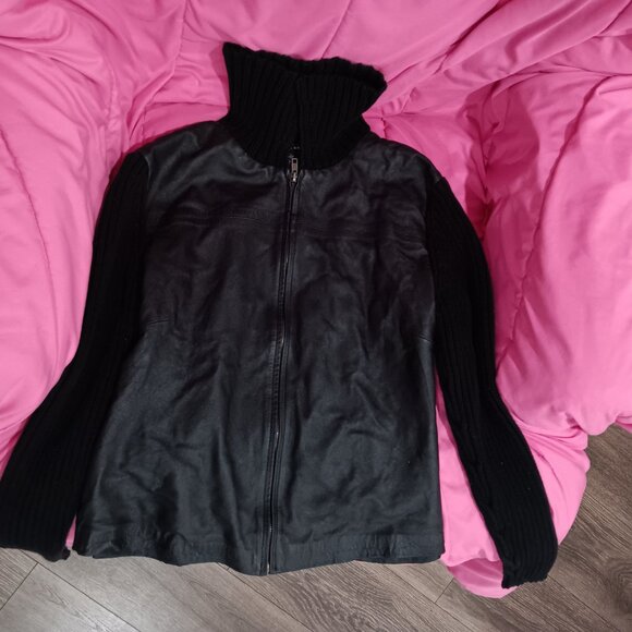 Vtg Y2K Maurice Sasson Leather Knit Jacket Large Streetwear Edgy Rocker Chic 00s - Picture 2 of 6